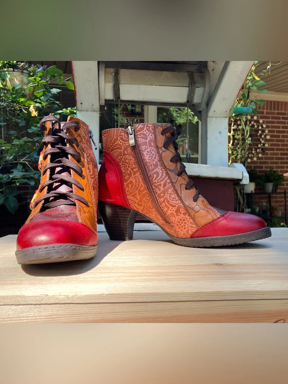 Women's Floral Embossed Red & Brown Lace-Up Ankle Booties size US 7.5-8